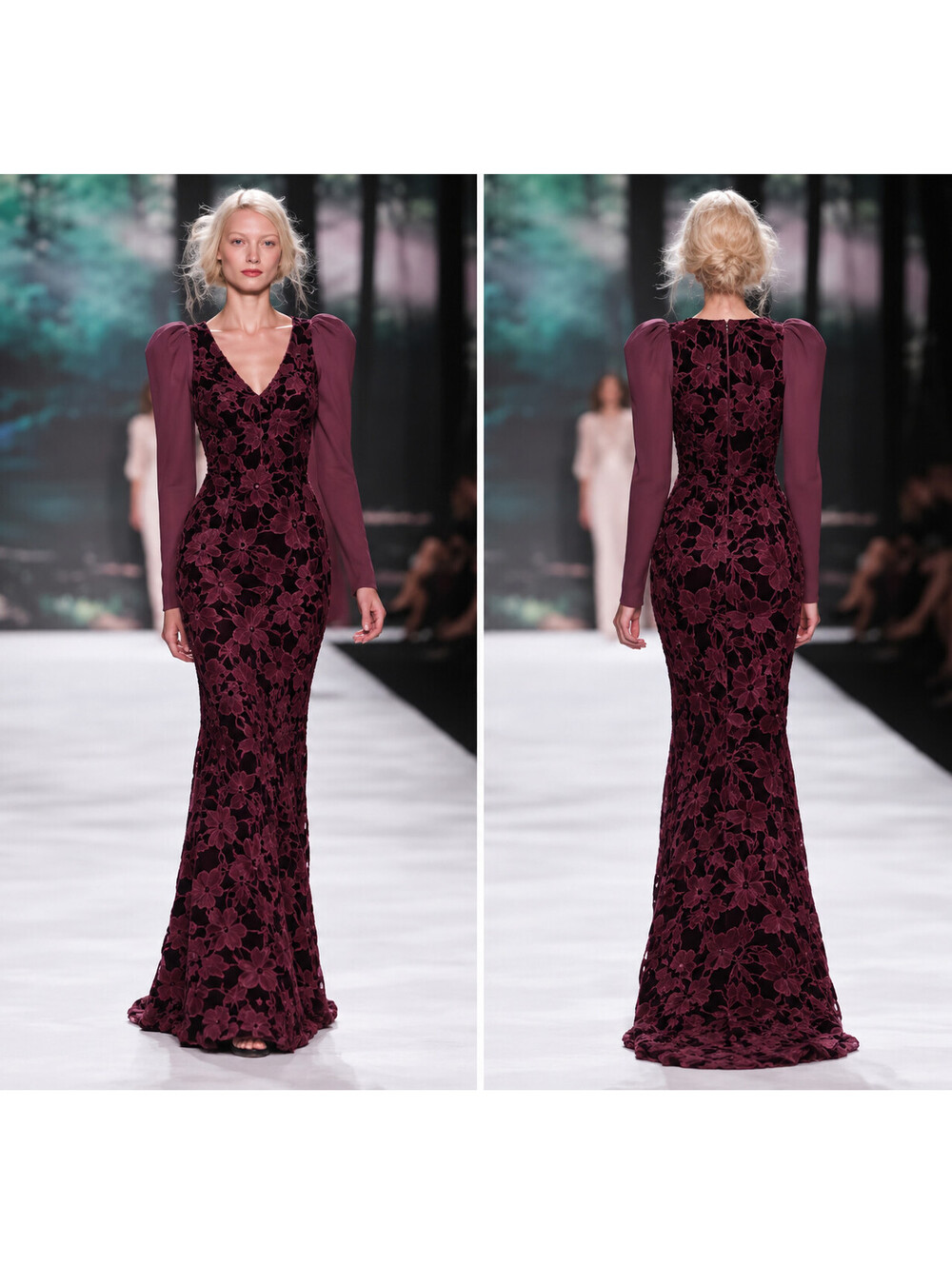 $2,600 Badgley Mischka Couture  Velvet Floral Long Sleeve Gown * 4 Runway Formal